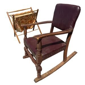🪑 Antique Child’s Rocking Chair Burgundy Leather & Wood Carved Arms Rivets